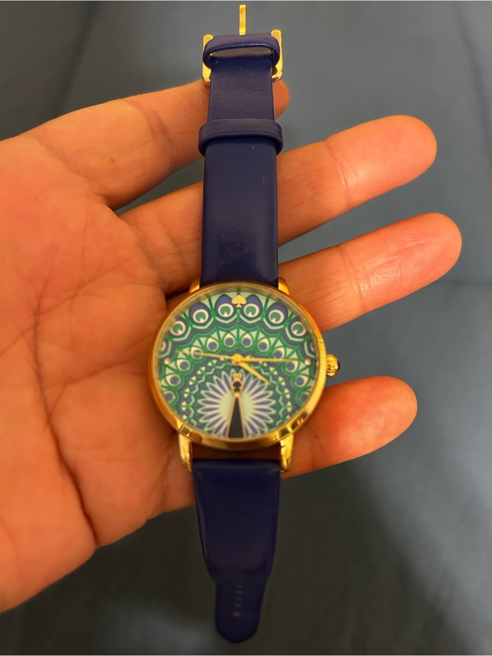 kate spade Gold-Tone Watch with Blue Strap and Multicolor Peacock Dial